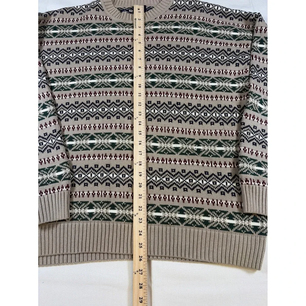 VNTG 90's Dockers Men Large Cotton Fair Isle Crewneck Sweater Tan Green Burgundy
